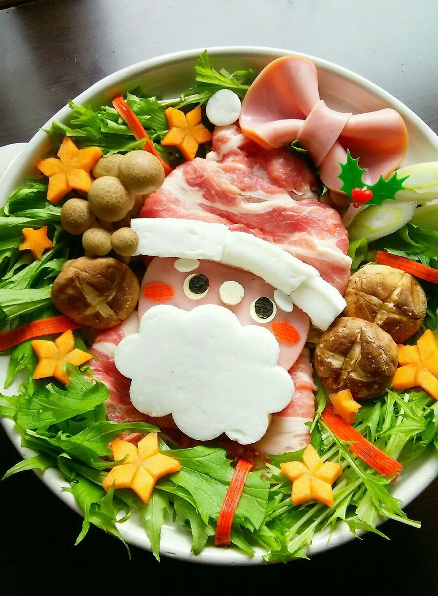 クリスマス鍋 水菜リースとバラ肉サンタの画像