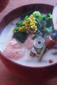 山菜と菜の花の豆乳スープ