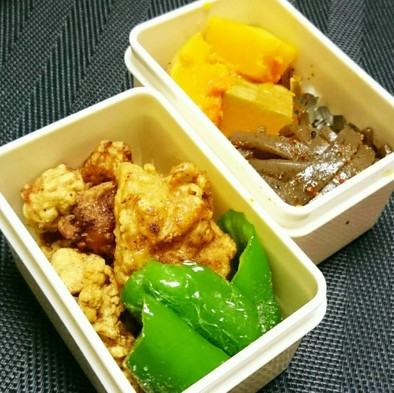 ピリ辛蒟蒻と鶏唐揚げ弁当 1月16日の写真