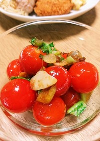 大根の葉とプチトマトのガーリック炒め