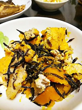 かぼちゃ豚こま厚揚げひじきの煮物