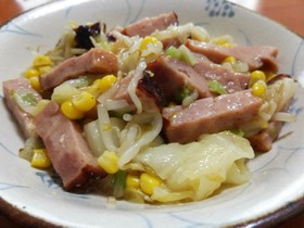 焼豚&白菜コーンもやし☆ねぎ塩麹煮