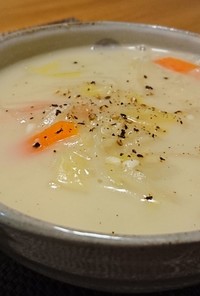 蕎麦の茹で汁活用☆チャウダー風味噌スープ