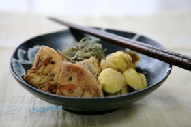 具だくさんがんも、栗、切り昆布の煮物