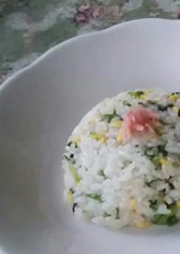 お花見に☆わさび菜と卵と紅生姜の混ぜご飯