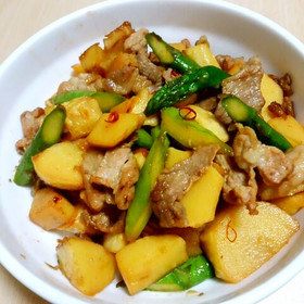 たけのこ・豚肉・アスパラの甘辛炒め