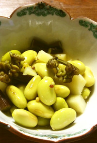 秘伝豆（青大豆）、筍、蕨のマスタード風味
