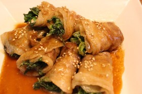 水菜の肉巻き♡甘辛豚バラ巻き
