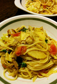 豚とキャベツと玉葱のカレートマトパスタ