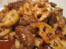 れんこん&牛肉のアプリコット醤油炒め