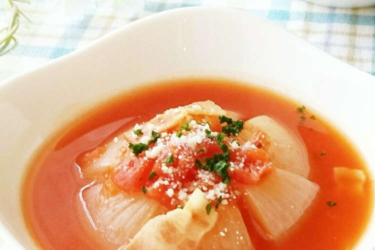 レンジで時短 新玉ねぎ丸ごとトマトスープ レシピ 作り方 By まんまるまうちゃん クックパッド
