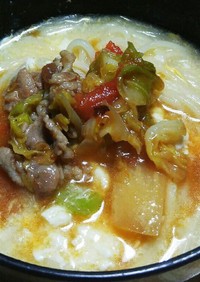 簡単にゅう麺に豚野菜炒め煮をのせて。
