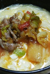 簡単にゅう麺に豚野菜炒め煮をのせて。
