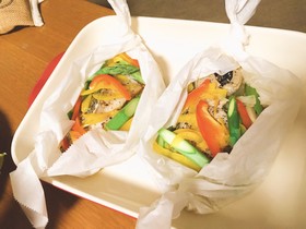レンチン♫彩り野菜とタラの蒸しポン