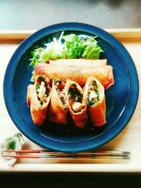豚コマ入り。しめじと青梗菜の春巻き。
