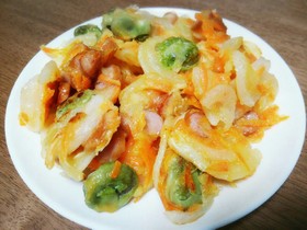 *フライパンで!新玉とそら豆のかき揚げ*