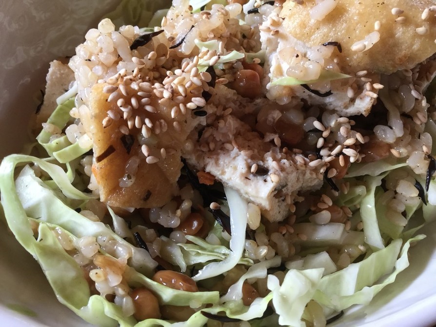 納豆・キャベツ・がんものサラダご飯の画像