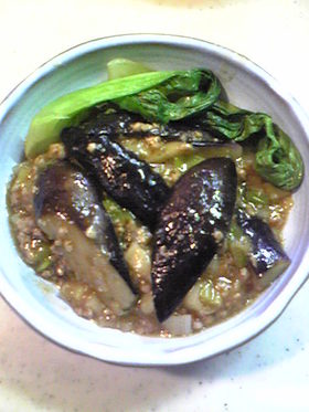 麻婆なす、ネギたっぷりと青梗菜添えw
