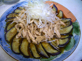 ♪揚げ茄子と蒸し鶏のゴマ醤油♪