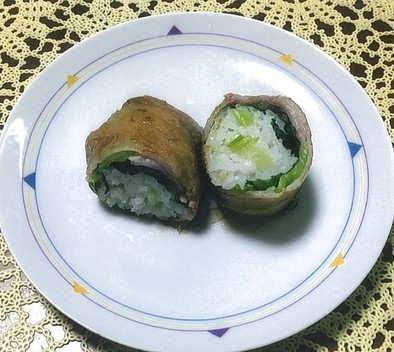 広島菜の肉巻きおにぎりの写真