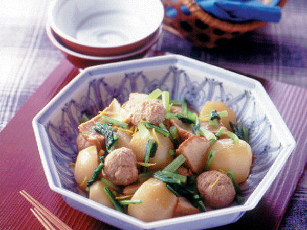 鶏つくね+厚揚げ+かぶの煮もの