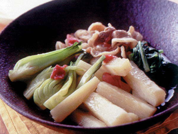豚バラ肉+長いも+青梗菜の煮もの
