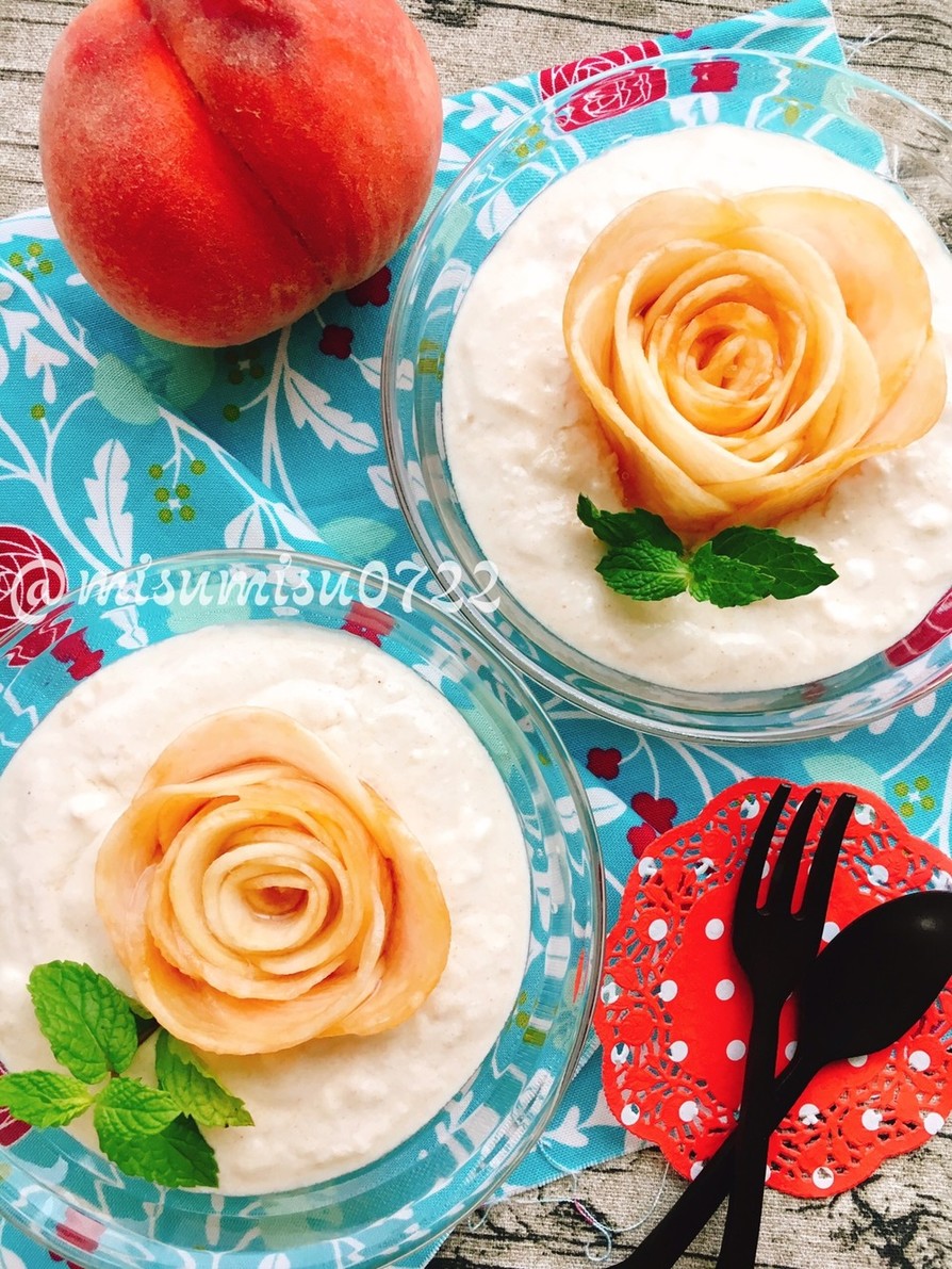 桃ローズで華やか桃とカムカムのヨーグルトの画像