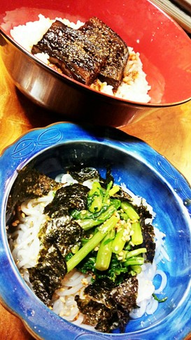 しらたきの小鉢と茄子の蒲焼き丼❣