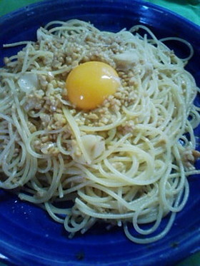納豆とにんにくとゆりねのオイルパスタ