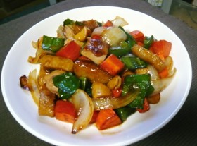 鶏と野菜と発芽米餅のオイスターソース炒め