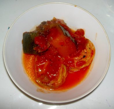 湯葉とカボチャのトマト缶煮の写真
