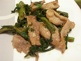 春菊と豚のピリ辛ニンニク炒め