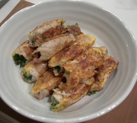 豚肉巻き春菊のピカタ