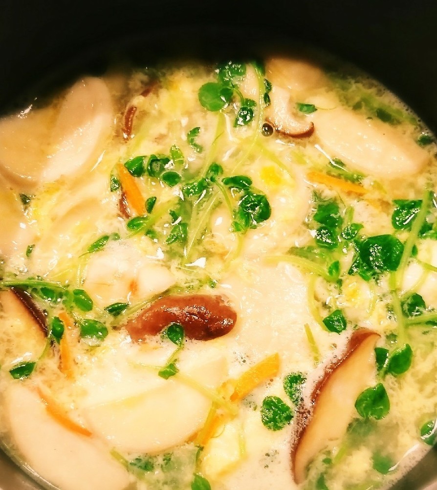 豆苗とキノコの玉子スープの画像