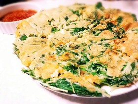 お好み焼き粉で!水菜とチーズのチヂミ