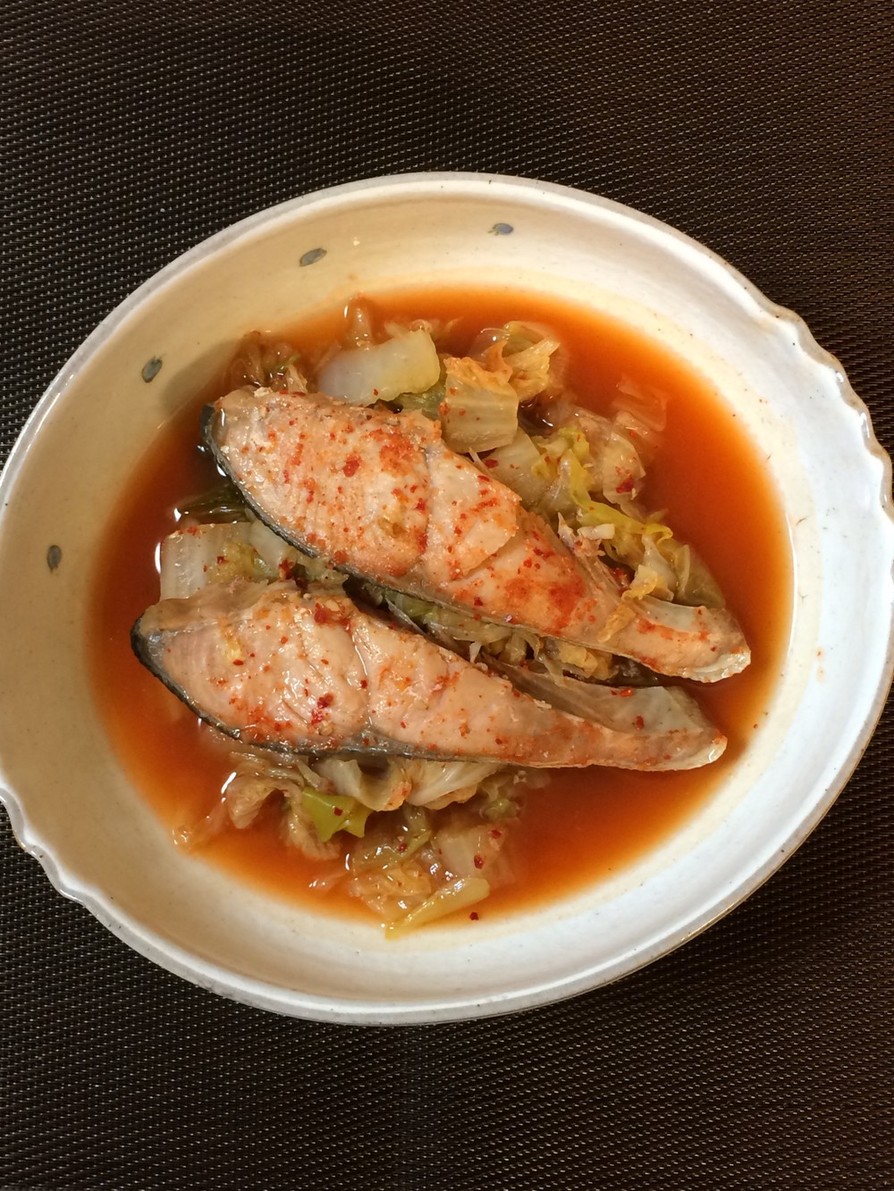 鮭と白菜とネギのキムチダレ煮の画像