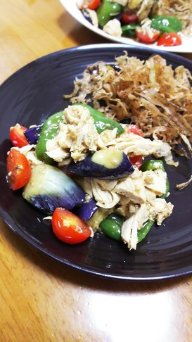ナスとピーマン揚げマリネ炊飯器蒸し鶏と