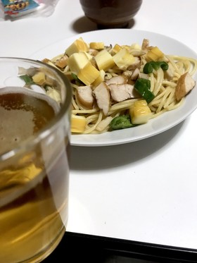 鳥のササミとチーズの燻製入り和風パスタ