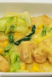 チンゲン菜と鶏肉のクリームコーン煮