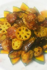 野菜と豚小間団子のハチミツ黒酢炒め