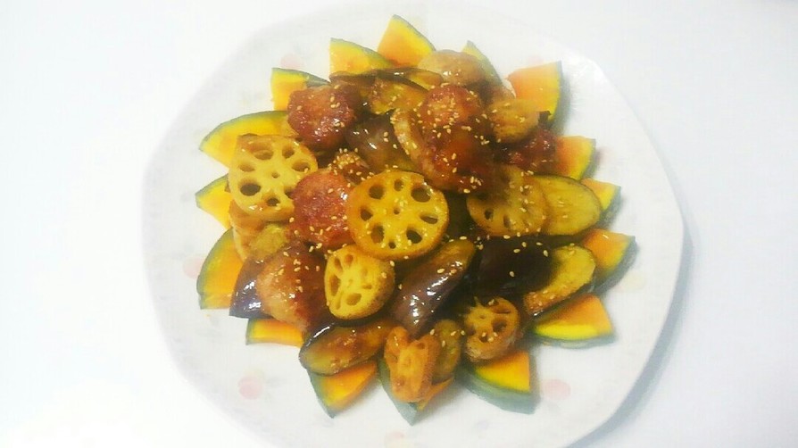 野菜と豚小間団子のハチミツ黒酢炒めの画像
