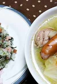 鶏ハムのスープでポトフ＆ほうれん草ライス