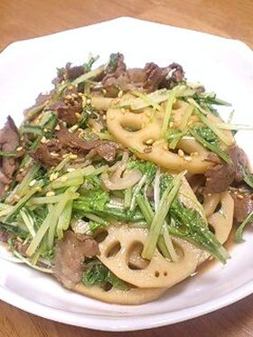 牛肉とレンコンの甘辛炒め~水菜入り