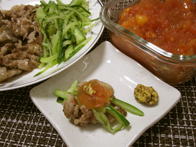 トマト紅茶ゼリー添えさっぱり豚肉炒め