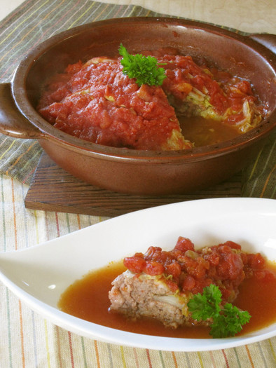 トマト味の白菜とミンチの重ね煮　の写真