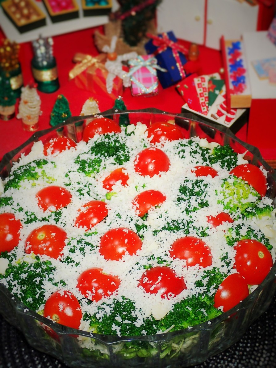 雪降るクリスマスカラーのサラダの画像