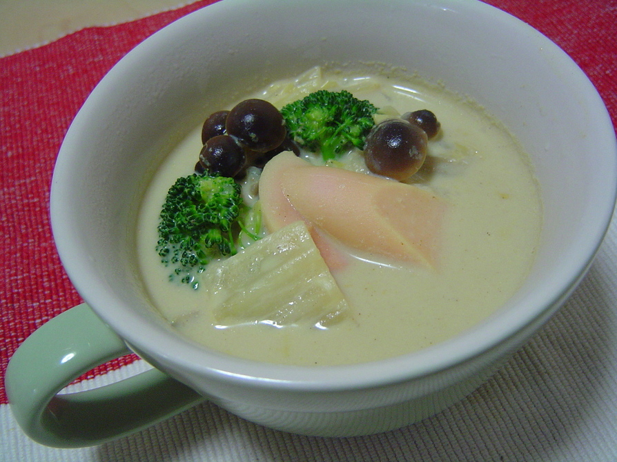 おさかなのソーセージで豆乳スープの画像
