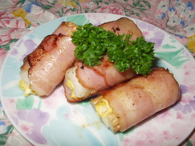 お弁当おかず★ちくわたまごのベーコン巻き