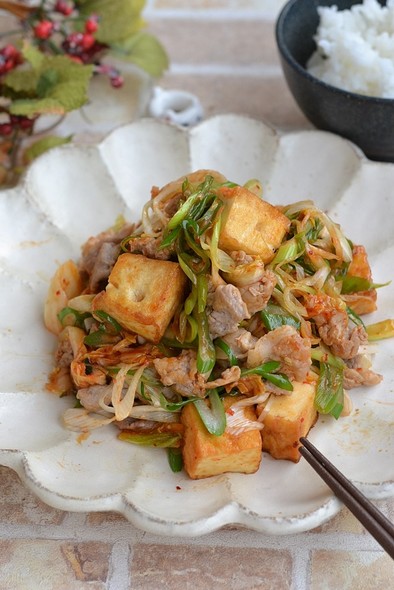 厚揚げ豆腐と長ねぎのキムチ炒めの写真
