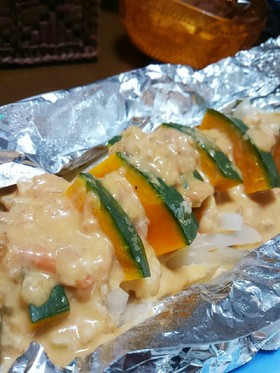 ささみとカボチャのホイル蒸し:梅マヨ